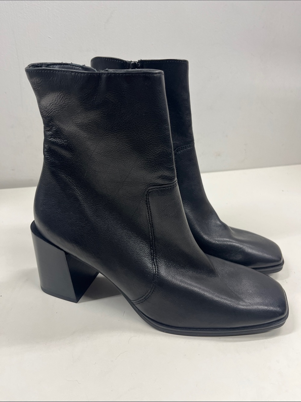 New Paul Green Black Leather Square Toe Heeled Boots Size UK 6.5 (US 9)